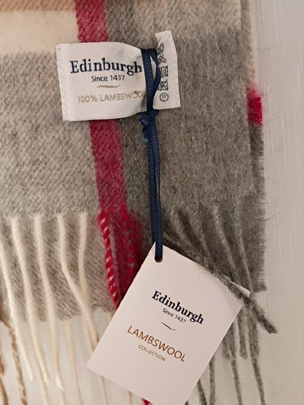 Edinburgh Lambswool Plaid Fringe Scarf in Beige, Gray & Red Stripe 62 X 10 In" - Picture 2 of 7